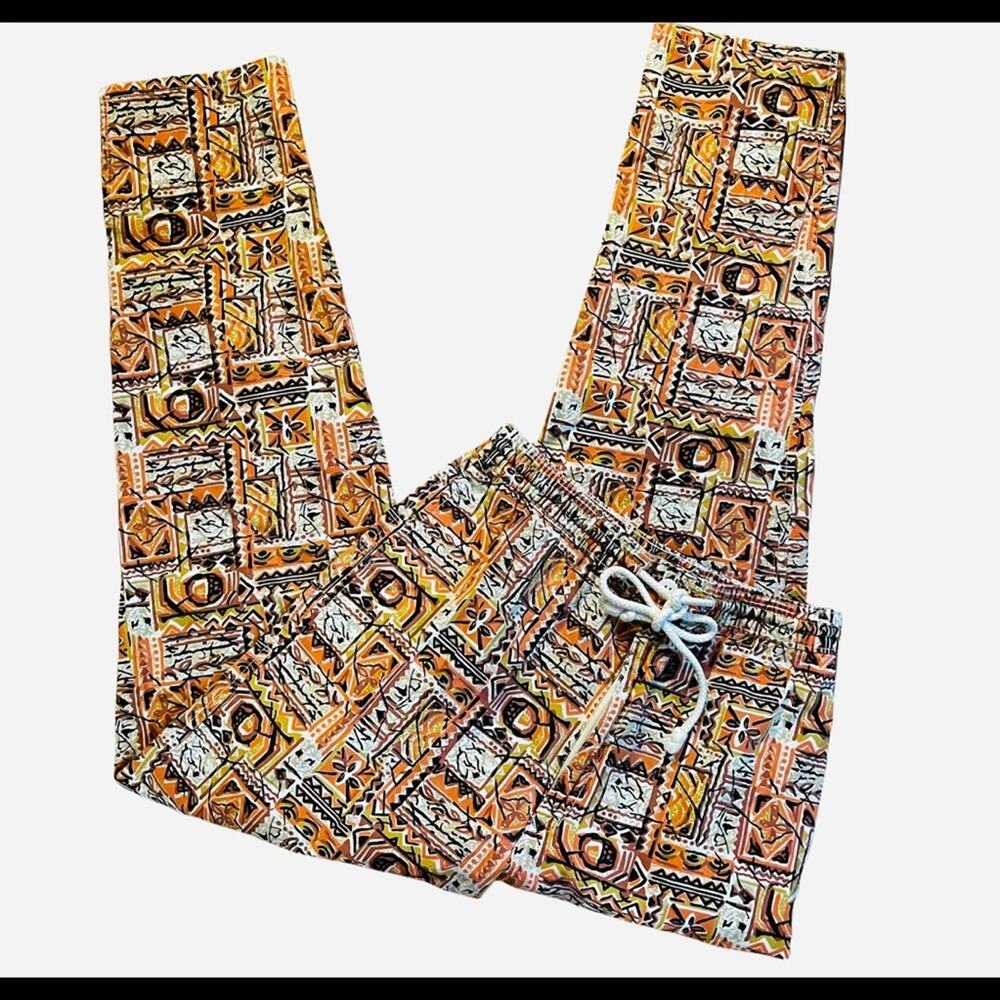 70s Vtg Organically Grown Retro Tribal Print Tapered Leg Elastic Waist Pants